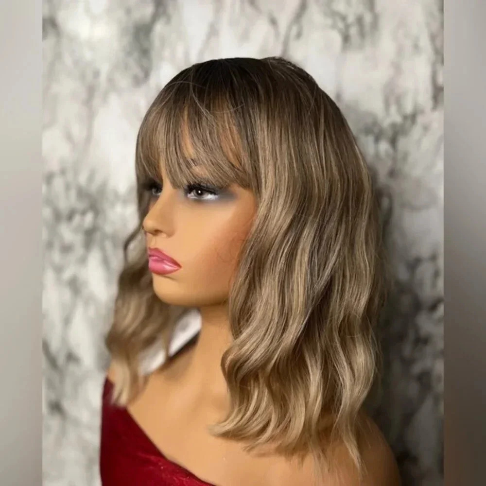 Vanilla Soft Blonde with darker Roots Short Bob Wig with wavy hair for women